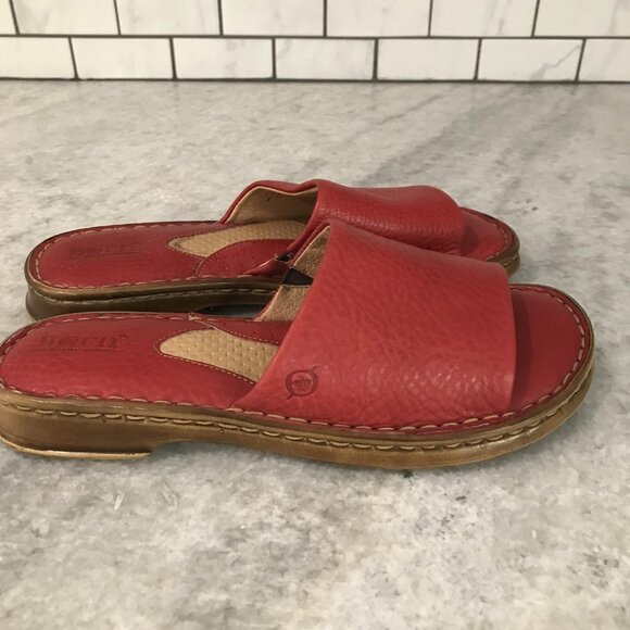 Born Shoes Womens Size 7 Red Leather Slide Sandals Slip On Comfort Open Toe JM5A - Picture 3 of 8